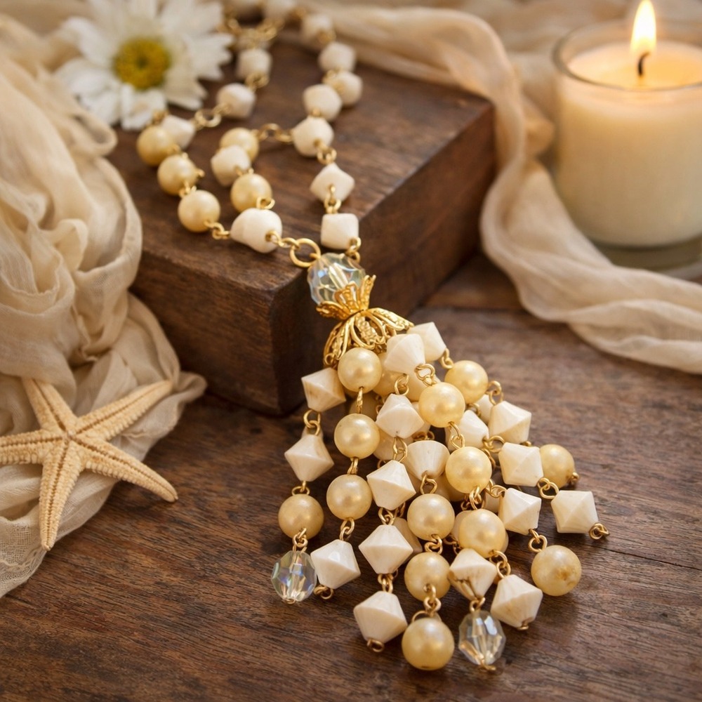 Necklace Vintage 60s Gold Ivory Lucite Tassel Mid Century Statement Fringe 24"